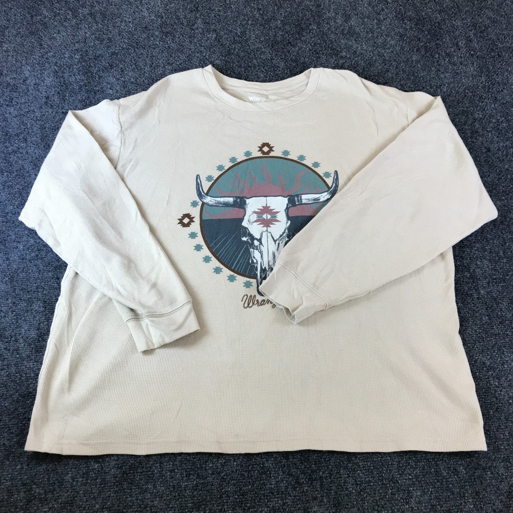 Wrangler Shirt Women Large Beige Steer Skull Graphic Waffle Knit Cotton Pullover
